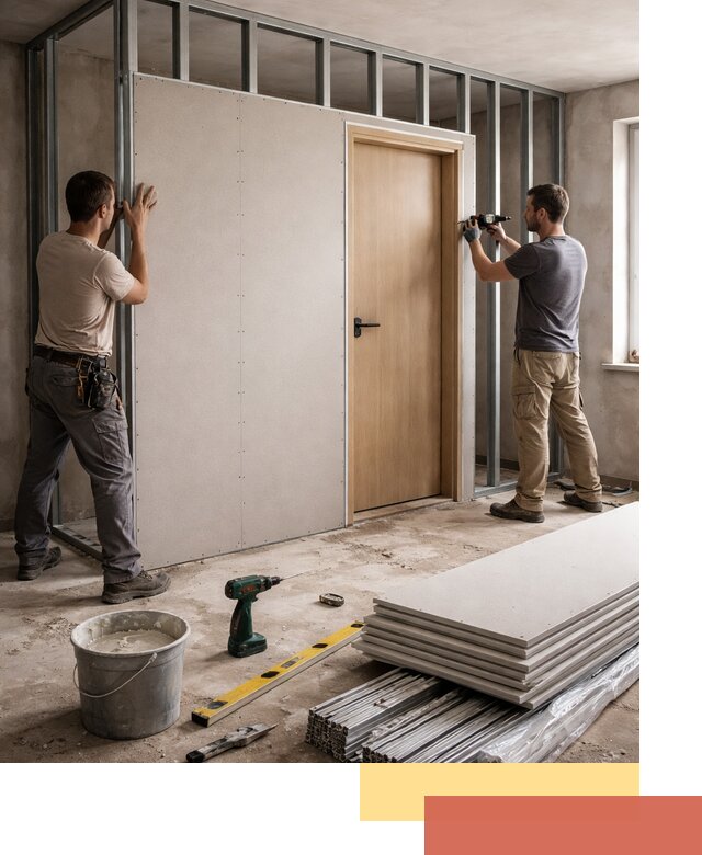 Перегородка из гипсокартона с дверью под ключ в Павлово