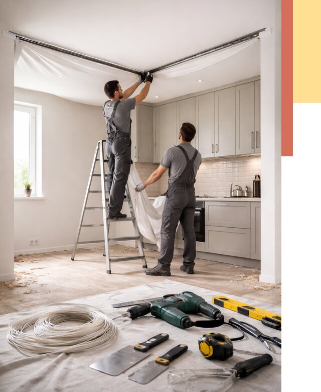 Установка натяжного потолка на кухне в Павлово от 2433 руб. | ОТДЕЛОЧНИК-Пвв