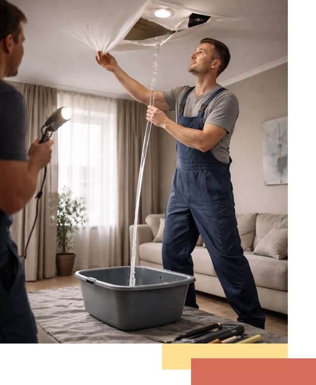 Слив воды с натяжного потолка в Павлово быстро и аккуратно